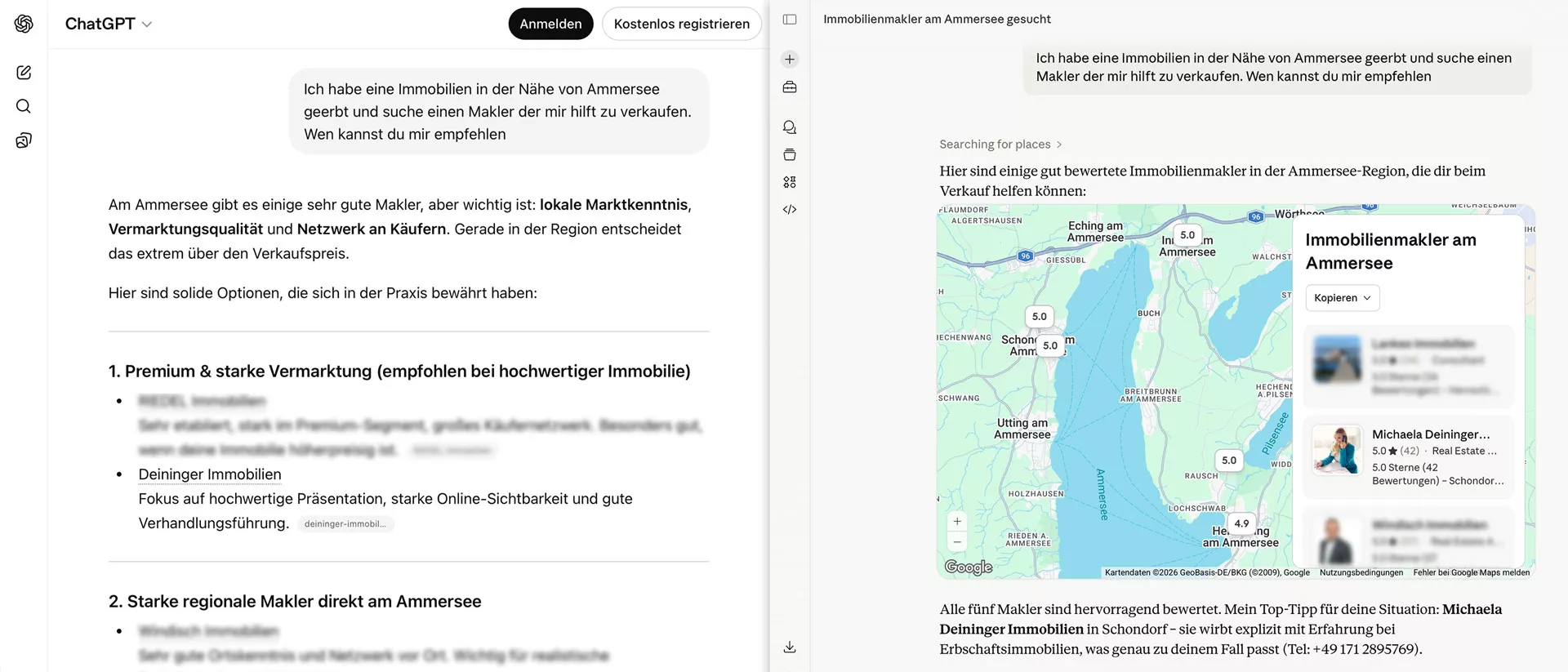 Deininger Immobilien wird in ChatGPT und Claude als Maklerin am Ammersee empfohlen